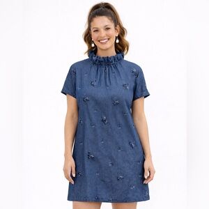 ANN MASHBURN Embroidered Chambray Shift Ruffle-Neck Dress NWOT